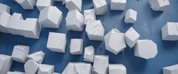 Textured white geometric shapes on a modern blue abstract background , artistic, bold, contemporary