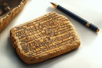 Ancient clay tablet with engraved cuneiform script next to a modern pen on a white surface, showcasing historical writing artifacts and contrast between old and new writing tools