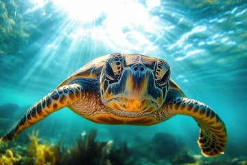 Fototapeta premium Close-up view of a sea turtle swimming underwater with sunlight filtering through the water surface creating a serene and vibrant scene