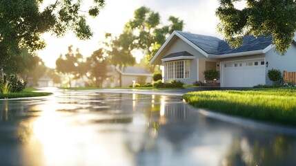 Fototapeta premium Suburban House Reflection in Wet Asphalt at Sunset
