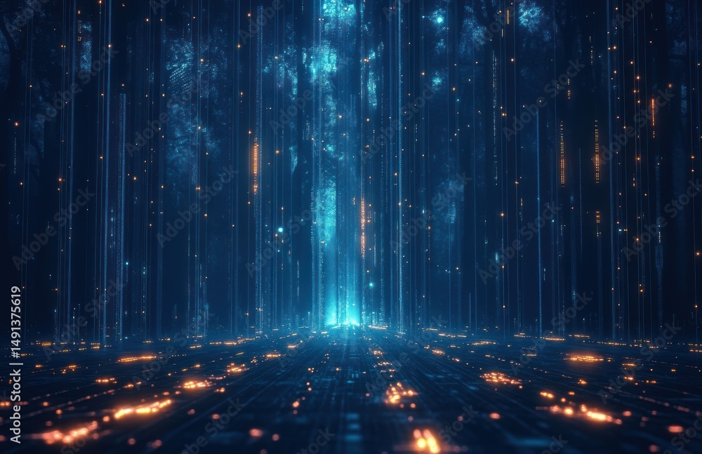 Poster futuristic digital landscape with glowing blue and orange light trails resembling data streams in a 