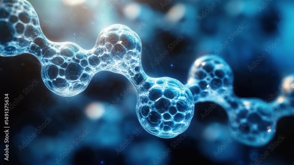 Poster close-up view of interconnected transparent bubble-like structures resembling molecular chains glowi