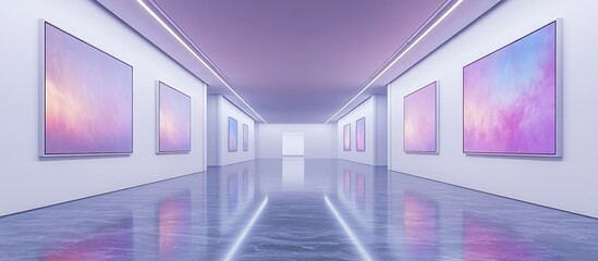 Modern art gallery with pastel paintings and shiny floor.