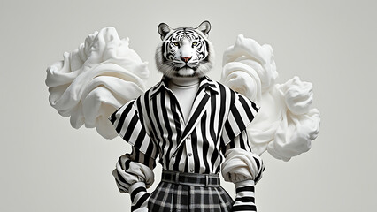 Fototapeta premium White tiger with black stripes wearing avant garde striped shirt and plaid pants with artistic white smoke background