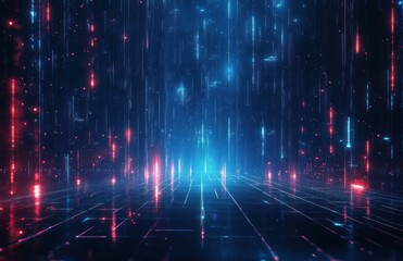 Glowing blue and red digital light streams falling in a virtual grid space creating a futuristic and immersive atmosphere