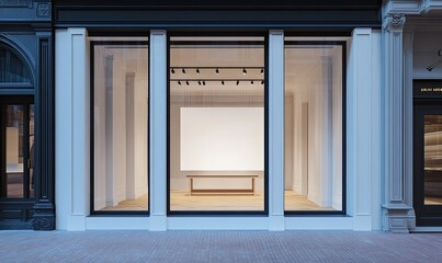 Fototapeta premium Minimalist storefront at twilight, showcasing a blank canvas and low table within a bright, empty interior, framed by large, elegant windows and classical architecture