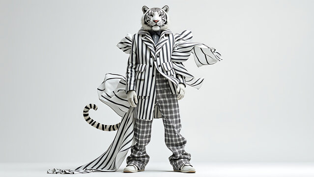 Full body avant garde studio fashion portrait of white tiger wearing striped coat and plaid pants with flowing fabric tail, striking confident pose