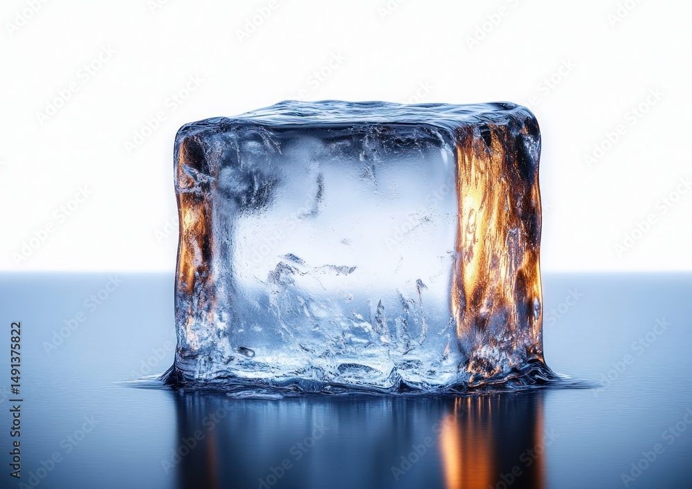 Poster close-up of a melting translucent ice cube reflecting warm orange light on a smooth surface with a c