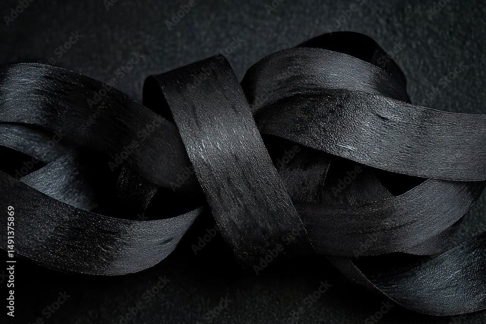 Poster close-up of intertwined black satin ribbons creating a smooth, shiny textured pattern on a dark back
