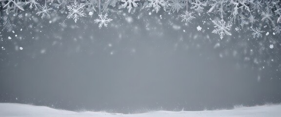 Elegant snowflake border; large & small flakes on snowy backdrop,  illustration,  intricate