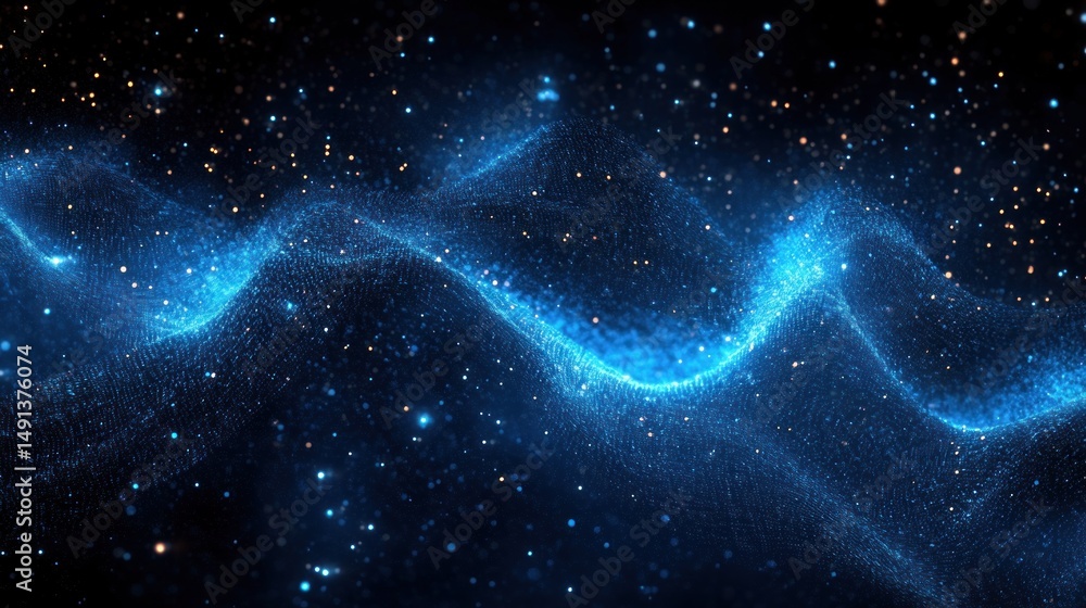 Poster abstract glowing blue wave made of tiny particles floating in dark space with golden and blue sparkl