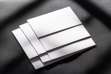 Stack of blank white business cards arranged on a textured dark surface with soft natural shadows creating a minimalist and professional atmosphere