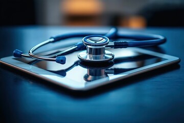 Close-up of a stethoscope placed on a digital tablet on a dark surface in a softly lit environment symbolizing healthcare technology