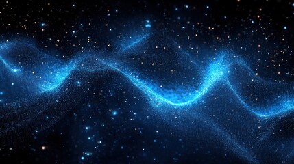 Abstract glowing blue wave made of tiny particles floating in dark space with golden and blue sparkles, evoking a sense of cosmic energy and fluid motion