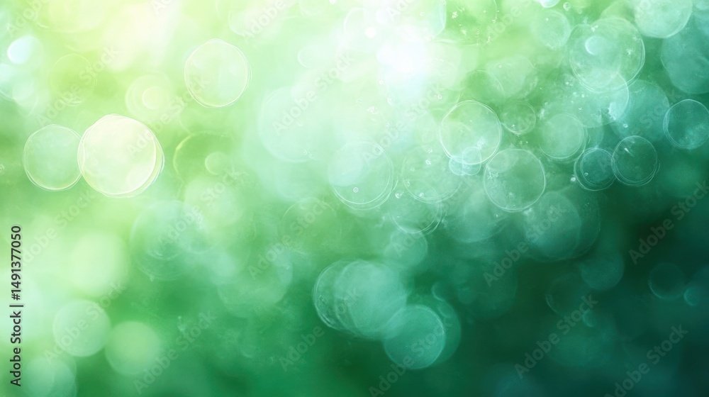 Poster soft and dreamy green light bokeh background with circular blurred highlights creating a calm and se