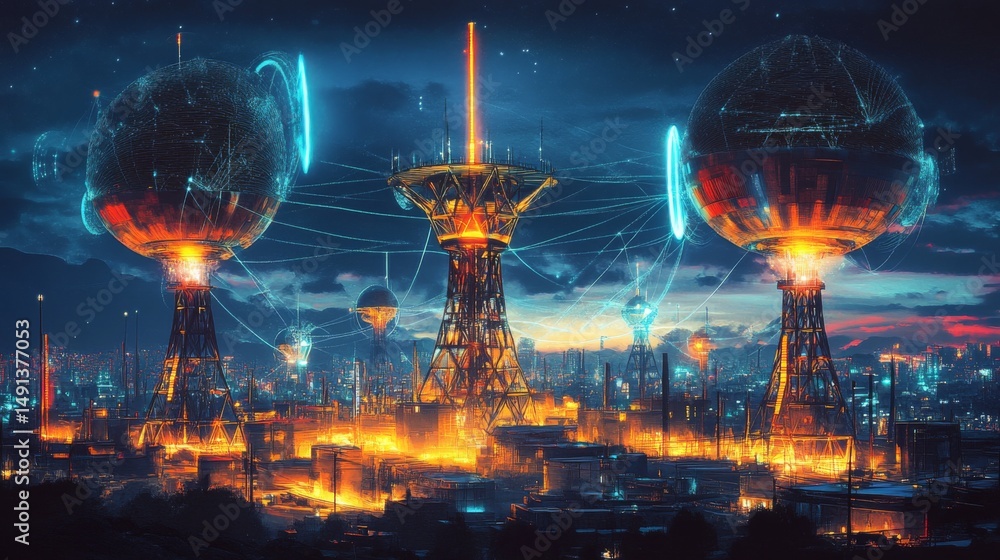 Poster an artistic representation of the concept of wireless communication, featuring interconnected nodes 