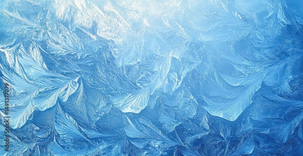 Poster close-up of frosted ice patterns creating intricate feather-like shapes on a glass surface with brig