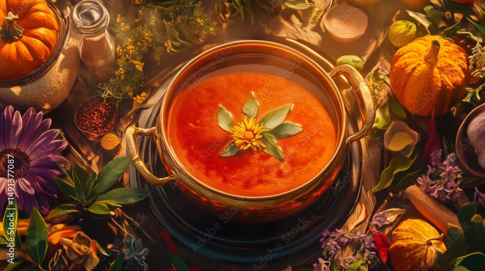 Poster an artistic shot of a pot of fragrant curry simmering on the stove, with colorful spices and herbs a