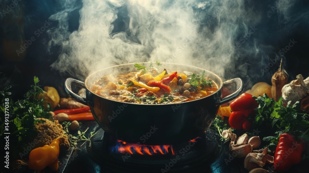 Poster an artistic shot of a pot of fragrant curry simmering on the stove, with colorful spices and herbs a