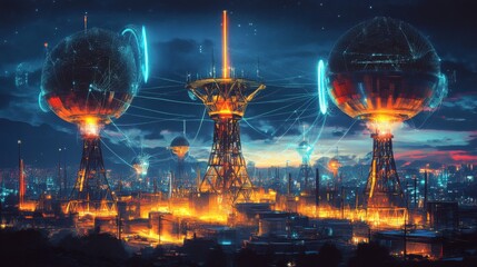 An artistic representation of the concept of wireless communication, featuring interconnected nodes and signals on a dark background with vibrant colors.