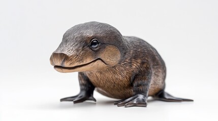 Fototapeta premium Close-up of a small, dark brown figurine resembling a baby platypus on a white background.