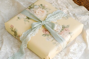 Elegant Gift Box with Floral Design and Lace Ribbon