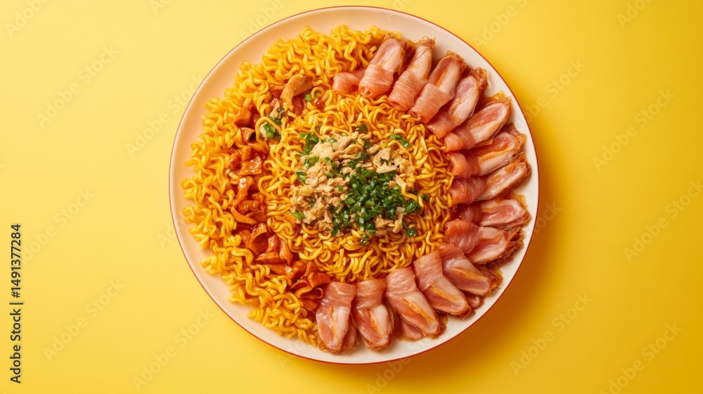 Poster a beautifully arranged plate of instant noodles topped with sliced meats and herbs, creating an invi