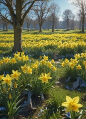 Fototapeta premium Sunlit daffodil meadow, vibrant yellow blooms under clear blue sky, yellow flowers, wildflowers, flower field