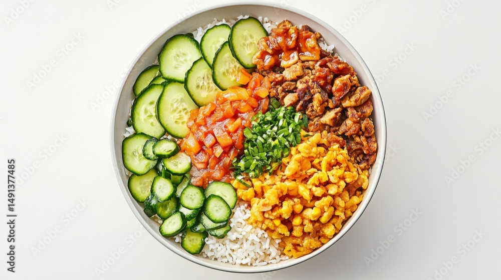 Poster A beautiful overhead view of a bowl of fried rice with various toppings, including sliced cucumber and tomatoes, creating a colorful and inviting composition.