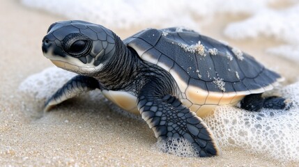 Fototapeta premium A close-up of a baby sea turtle making its way to the ocean, with soft sand surrounding it and gentle waves lapping at the shore, capturing a moment of nature's journey.
