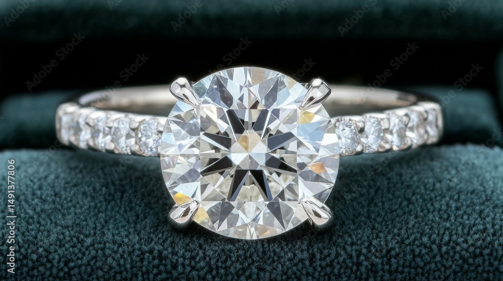 Poster a close-up of a stunning diamond ring set on a soft velvet surface, showcasing its brilliance and in