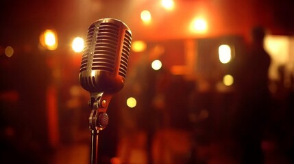 A dynamic microphone on a stand, set against a blurred stage backdrop with spotlights creating a professional performance atmosphere.