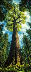 Obraz premium Tall majestic tree with thick bark and lush green leaves extending high into the bright blue sky surrounded by a dense forest of smaller pine trees and ferns under sunlight