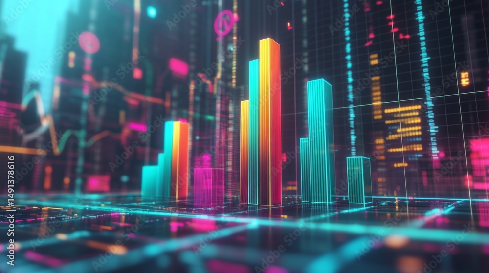 Aufkleber a futuristic financial d bar graph showing rising bars in bright colors, floating against a digital 