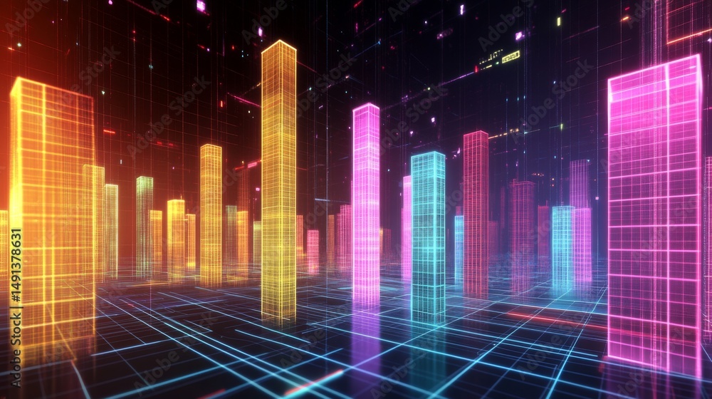 Aufkleber a futuristic financial d bar graph showing rising bars in bright colors, floating against a digital 