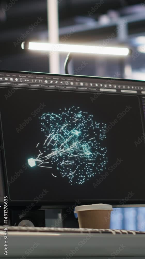 Poster vertical video close up of server farm pc screens tracking rackmounts processing deep learning datas