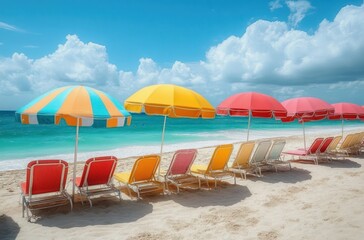 Colorful striped and solid umbrellas shading rows of empty lounge chairs on a sunny sandy beach with turquoise water and blue sky with scattered clouds