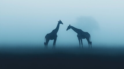 Two giraffes in the distance facing each other in black tones