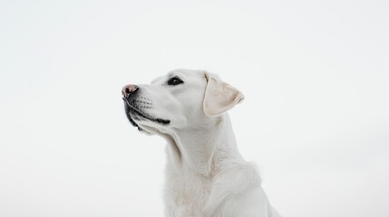 Portrait of a beautiful white big dog with black eyes gazing into the distance