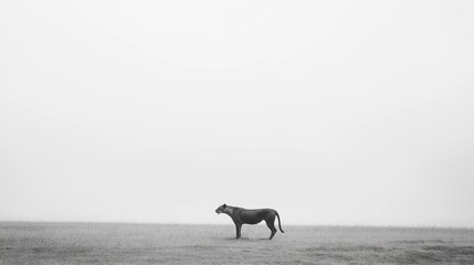 Minimalistic landscape with a silhouette of a lioness on the grass in black and white