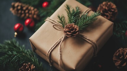 New Year’s wrapped gift with pinecone decorations