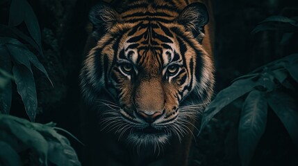 Close-up portrait of an adult tiger's face peeking out from green leaves with an intense gaze