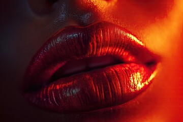 Close-up of painted lips in red rays of light