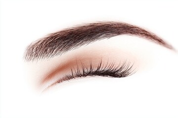 Close-up photo of an eyelid with eyelashes and an eyebrow on a white background