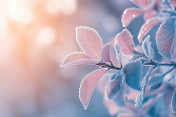 Branch with blue leaves covered in frost on a pink background