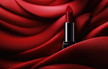 A single, dark red lipstick rests atop flowing, crimson fabric, creating a dramatic, luxurious image.  The lipstick's sleek, black casing contrasts beautifully with the rich, textured backdrop