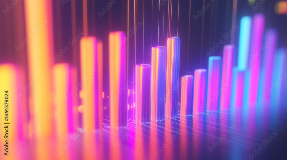 Poster a professional d bar chart in soft gradient tones, with bars rising upwards and data lines overlaid,