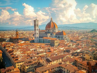 Obraz premium A panoramic view of a historic European city with a prominent cathedral featuring a large red dome and tall bell tower under a bright sky with fluffy clouds