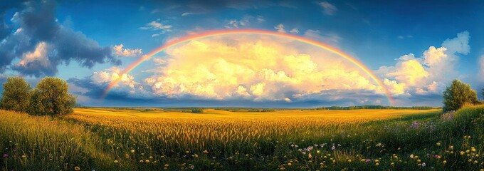Obraz premium Vibrant golden field under a dramatic sky with fluffy clouds and a full rainbow arching across the horizon, wildflowers and trees framing the scene with a peaceful atmosphere