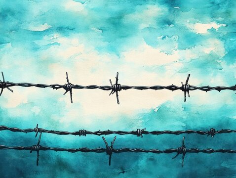 Three horizontal strands of barbed wire silhouetted against a cloudy blue sky, evoking feelings of confinement and separation